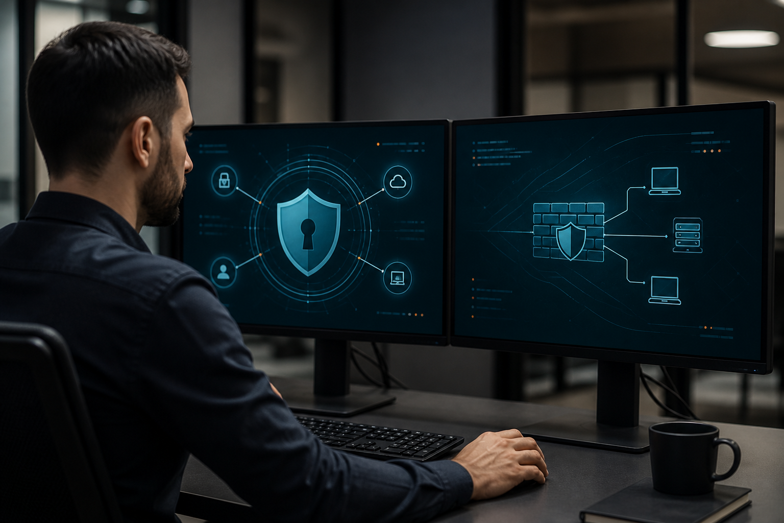 Internet security specialist monitoring protected business systems