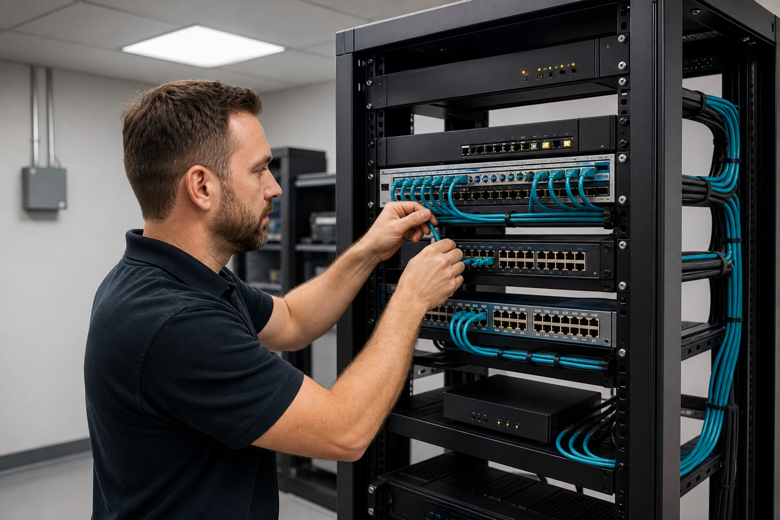 Network engineer setting up a professionally managed equipment rack