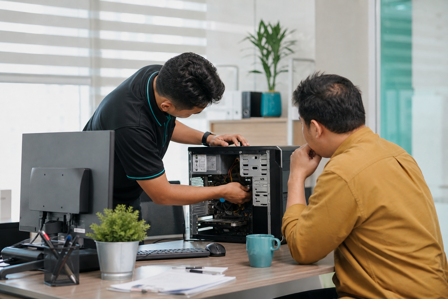 Technician providing on-site computer support at a client office